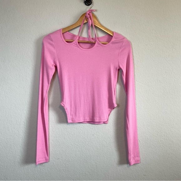 O.D.O. Pink Long Sleeve Super Soft Tie Keyhole Back Y2K Shirt Top - Picture 4 of 9